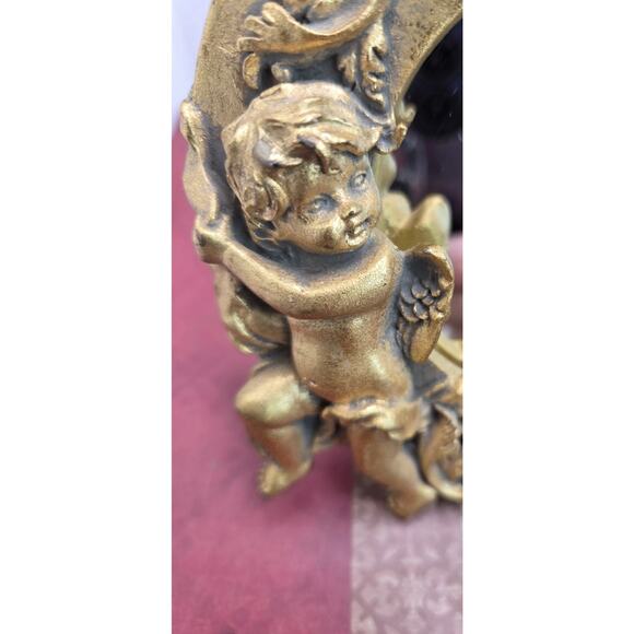 Cherub Mirror Gold Round Resin Regency Romantic 5.75 Inch Table Or Wall - Picture 5 of 9